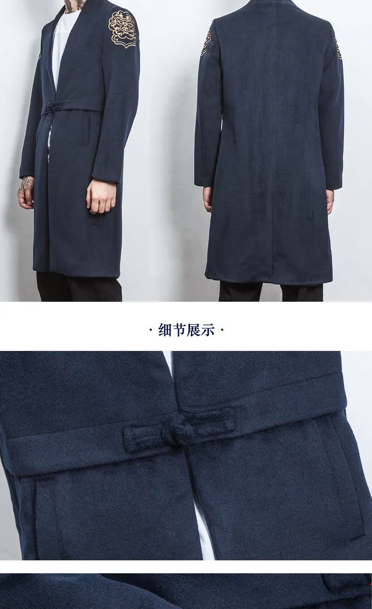 Chinese Style Autumn Winter Gold Embroidery Mid Long Coat Men Chaqueta Hombre Navy Red Frog Button Overcoat 5xl