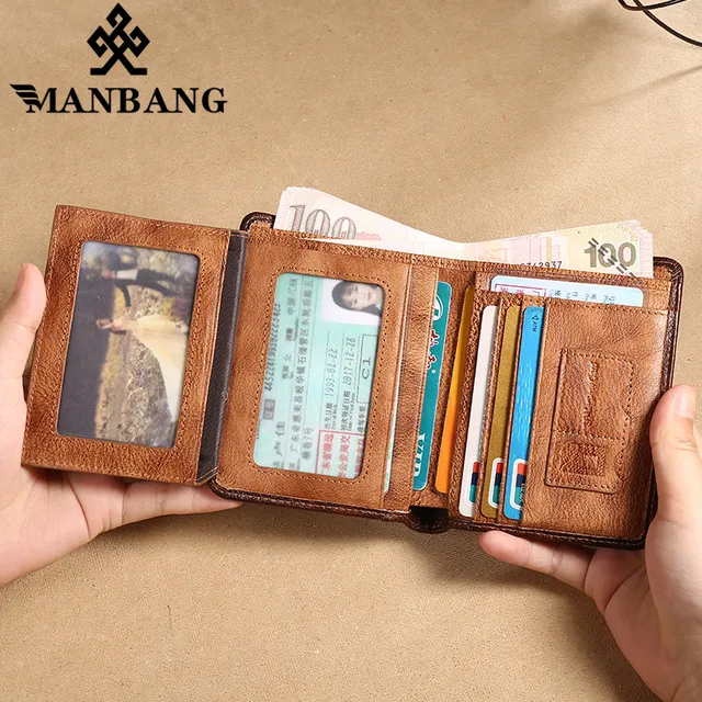 ManBang HOT Genuine Leather Men Wallet Small Mini Card Holder Male Wallet Pocket Retro purse wallet for men High Quality 3