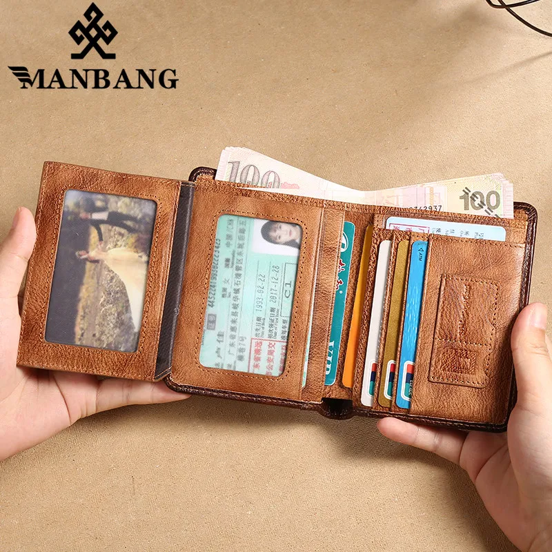 MANBANG Men's Leather Zip Around Wallet ID Card Window Secure Zipper Bifold RFID, Size: One size, Brown