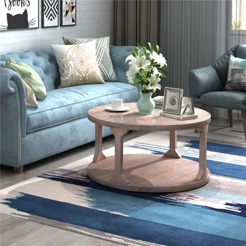 

Round Rustic Coffee Table Solid Wood+MDF Coffee Table for Living Room with Dusty Wax Coating Easy Assemble Retro Design