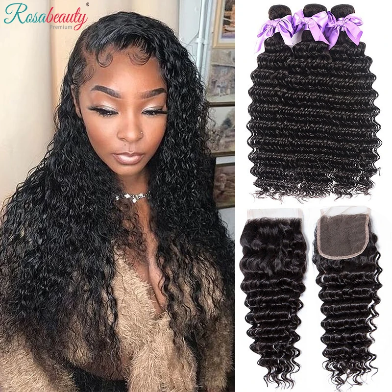 

Rosabeauty Deep Wave Peruvian Human Hair Bundles Remy Hair Extension 3 Bundles With 4x4 Frontal Closure 30in Curly wave bundles