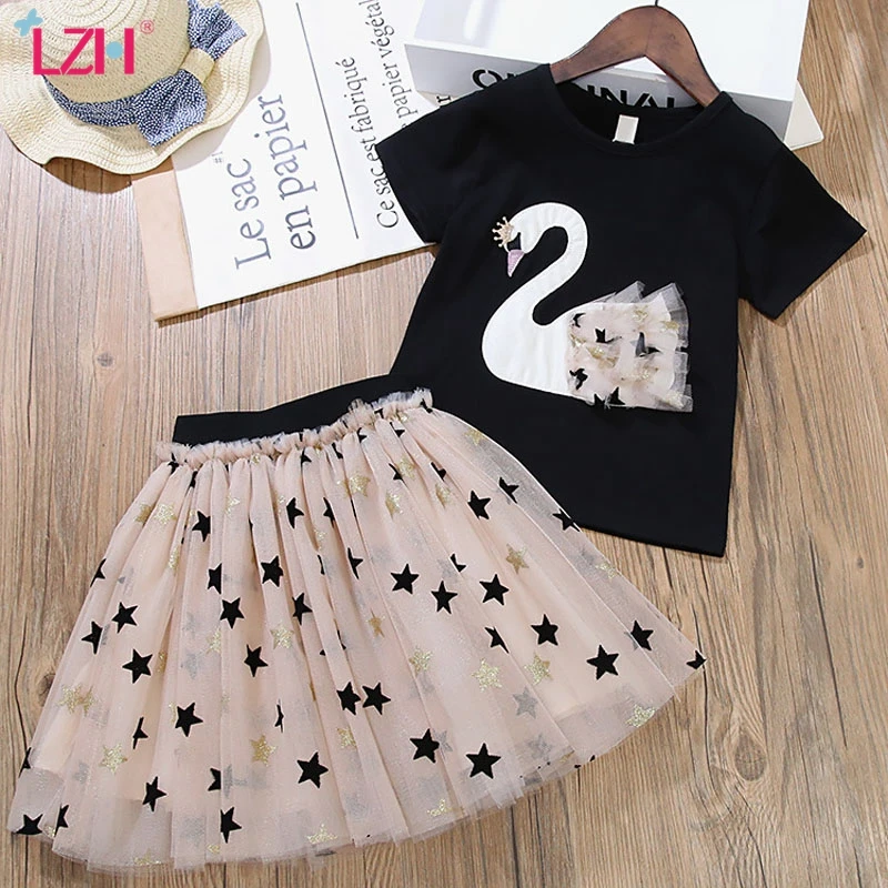 Girls Tracksuit T-Shirt Skirt Children Clothing Summer Toddler Swan for Mesh Star 2pcs