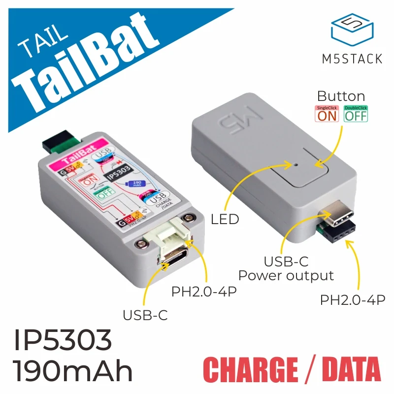 M5Stack Official ATOM TailBat External Rechargeable Lithium Battery 190mAh Portable Power IP5303 Chip With Indicator Light afbeelding