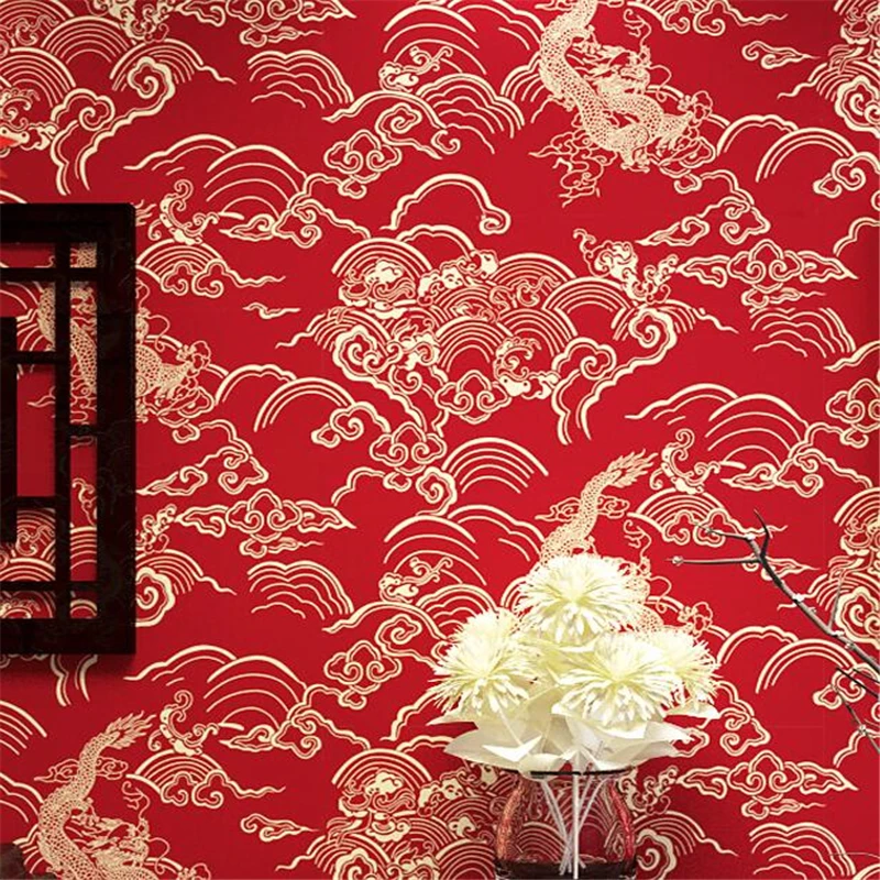 Beibehang Chinese style dragon pattern classical Zen Chinese style tea house porch study Buddha Temple TV background wallpaper