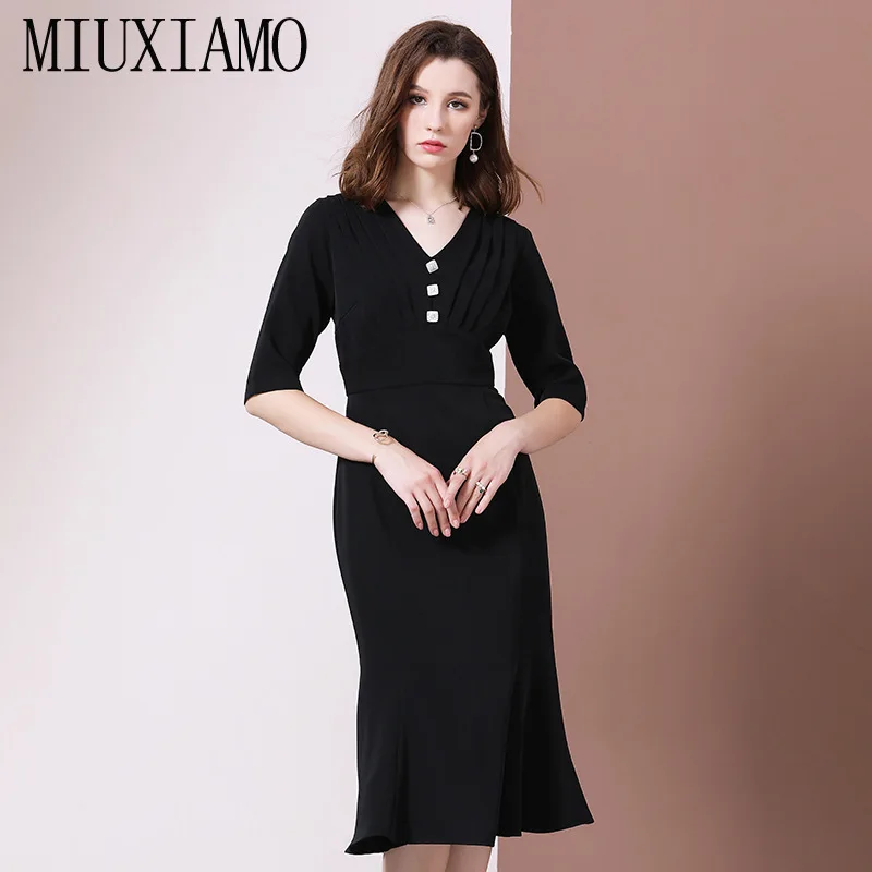 

MIUXIMAO2020 Summer Dress Runway Design Office Lady Dress Women Diamonds Short Sleeve Fishtail Skirt Vintage Dress Women Vestido