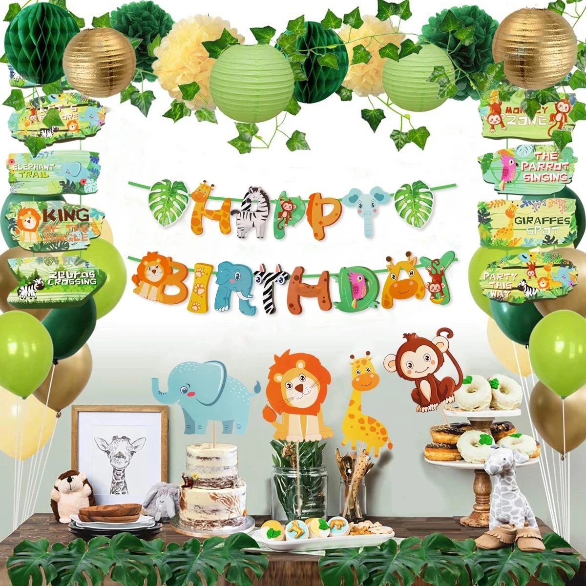 Hongfago Vajilla de cartón de 61 piezas con diseño de animales salvajes para 10 niños Jungle vajilla de cumpleaños para niños y niñas 