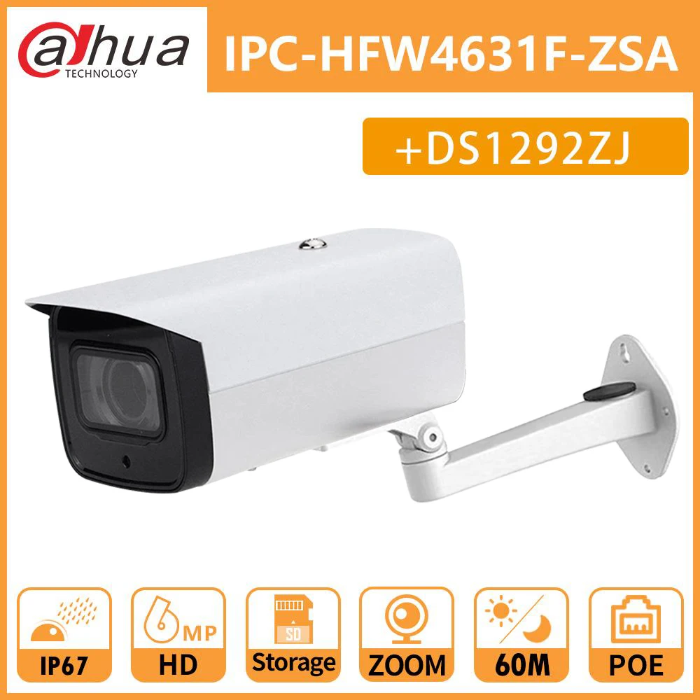 

Dahua IP Camera Bullet 6MP IPC-HFW4631F-ZSA POE Camera outdoor IP67 IK10 2.7-13.5mm 5X Zoom 60M MIC SD card slot with bracket