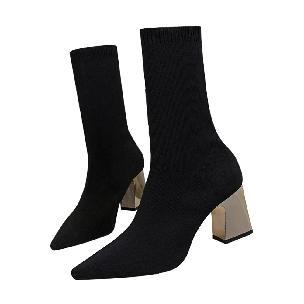 

Cuspidal Women Winter Boots Wool Knitted Sock Boots Block Heels Shoes Sexy Pointy Toe Ankle Booties Slim Elastic Stretch Boots