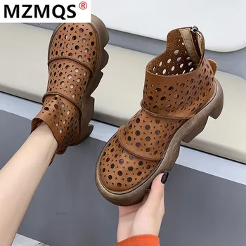 

2020 Summer Women's Sandals Fashionable Zipper Special-shaped-Heel Boots Round Toe Mid-heel Hollow PU Ankle Boots Botas Mujer