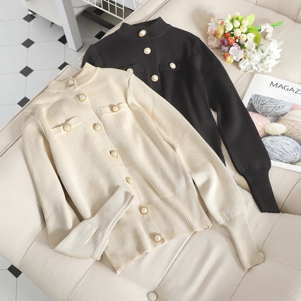 

MUMUZI Sweater jacket female spring and autumn 2019 new fashion Slim short sweater front buttons cardigan turtleneck sweater