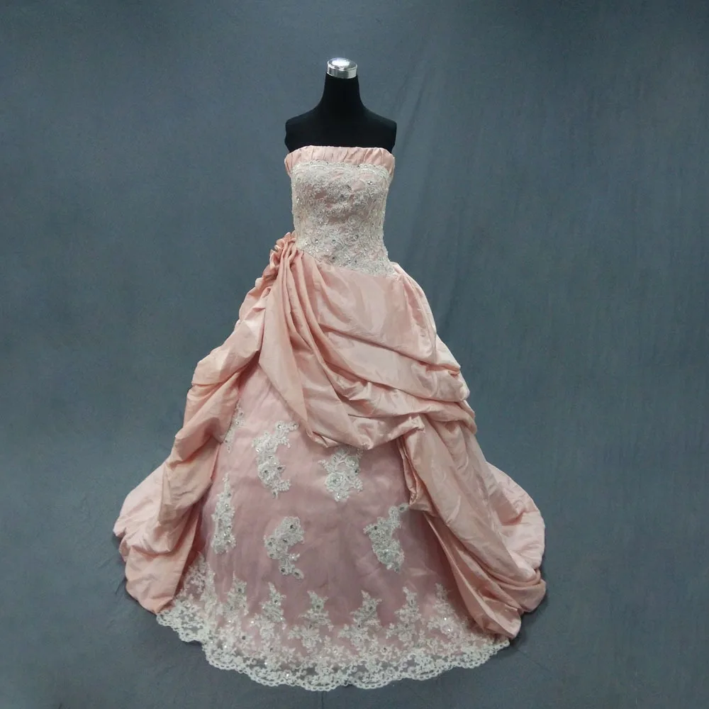 

Best Seller Ball Gown Strapless Backless Taffeta Applique Pink Wedding Dress 2013