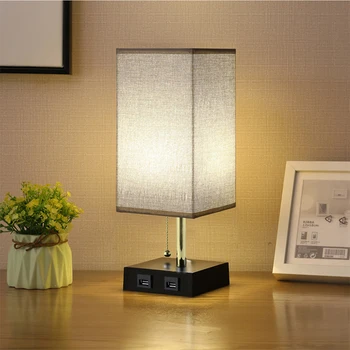 

Home With USB Charging Port Living Room Square Fabric Shade Table Lamp Pull Rope Switch Modern Bedroom Eye Protection Indoor
