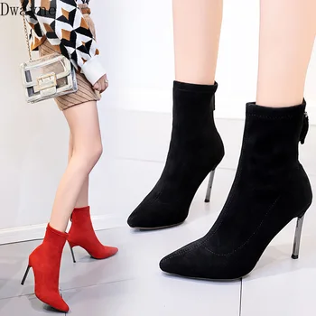 

2019 New Simple Fashion Middle Tube Boots Thin Heels Martin Boots Pointed Toe Elastic Womens Boots Sexy High Heels Short Boots