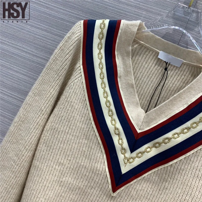 【HSY】 Новинка осени Для женщин свитер в классическом британском стиле Академии Стиль вышивка цепи патч Цвет v-образным вырезом шерстяной пуловер, свитер