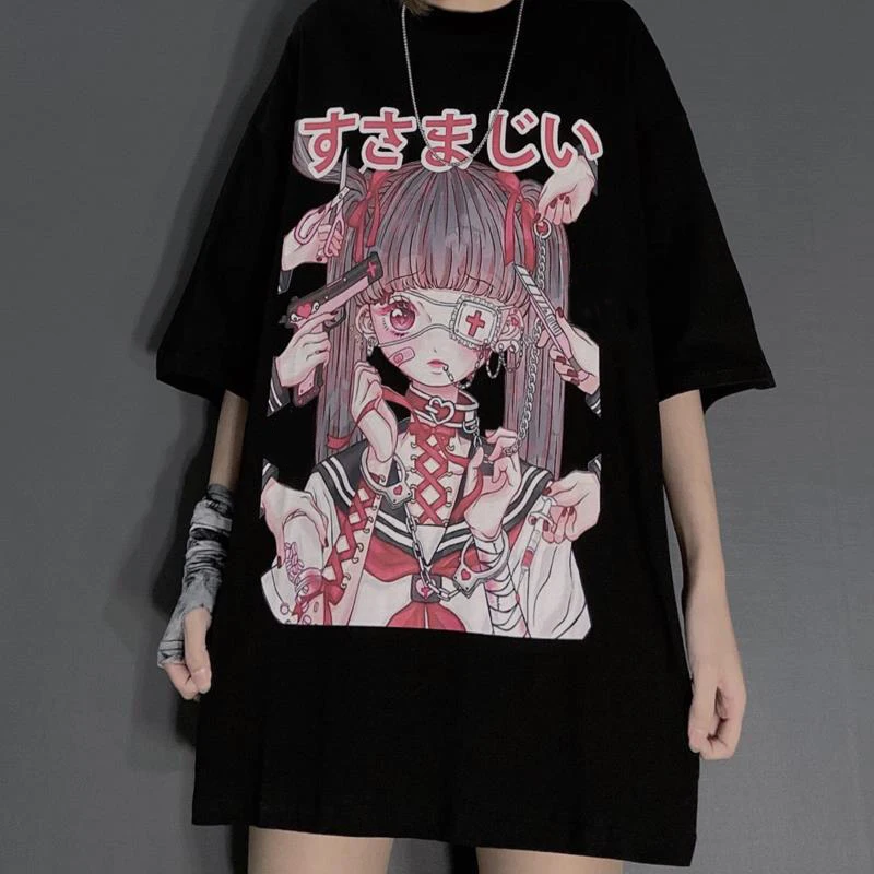 Summer Goth Female Tee Aesthetic Loose Women T-shirt Punk Dark Grunge Streetwear Ladies gothic Top T-shirts Harajuku Clothes y2k