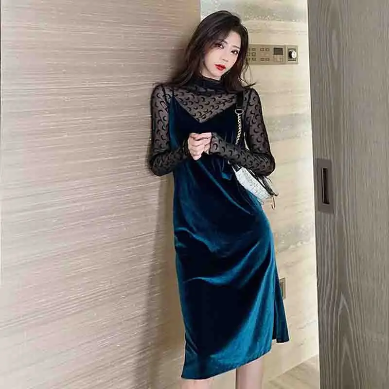 

2019 Autumn Clothing New Style Velvet Strapped Dress + Moon Base Shirt Two-Piece Set 322h303