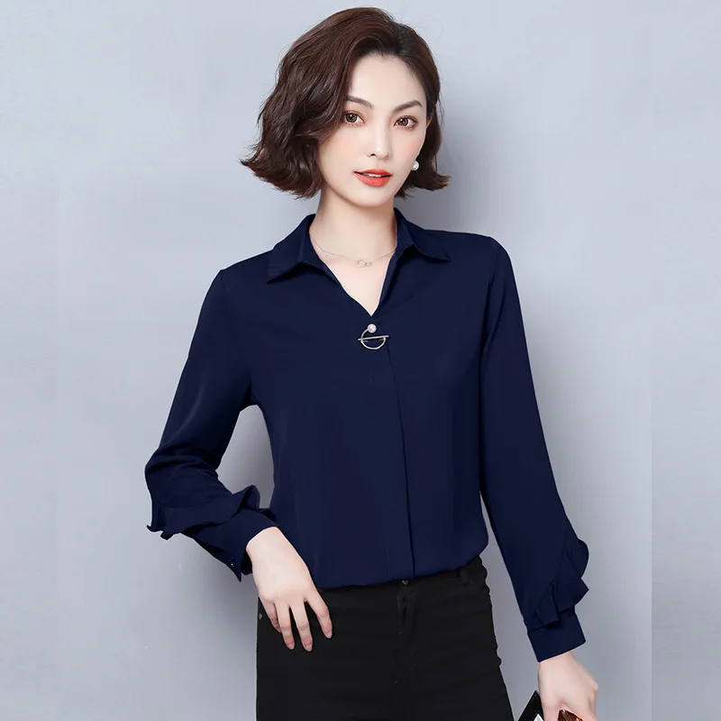 

Anqi Pull 2019 Autumn New Style Chiffon Shirt Female Long Sleeved Loose And Plus-sized Solid Color V-neck Shirt Tops Fashion