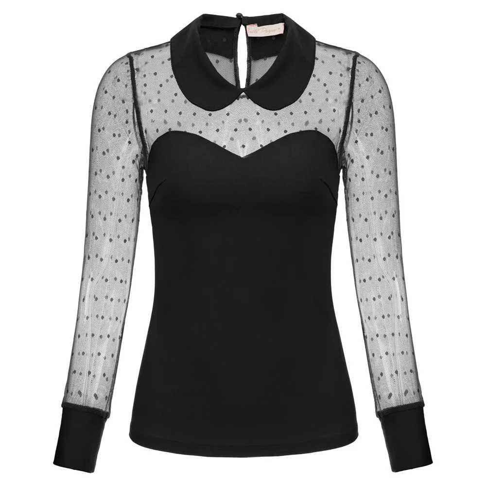 

autumn Women shirt office OL lady elegant Mesh Patchwork Tops See-Through Dots Long Sleeve Doll Collar shirt sweet blouse female