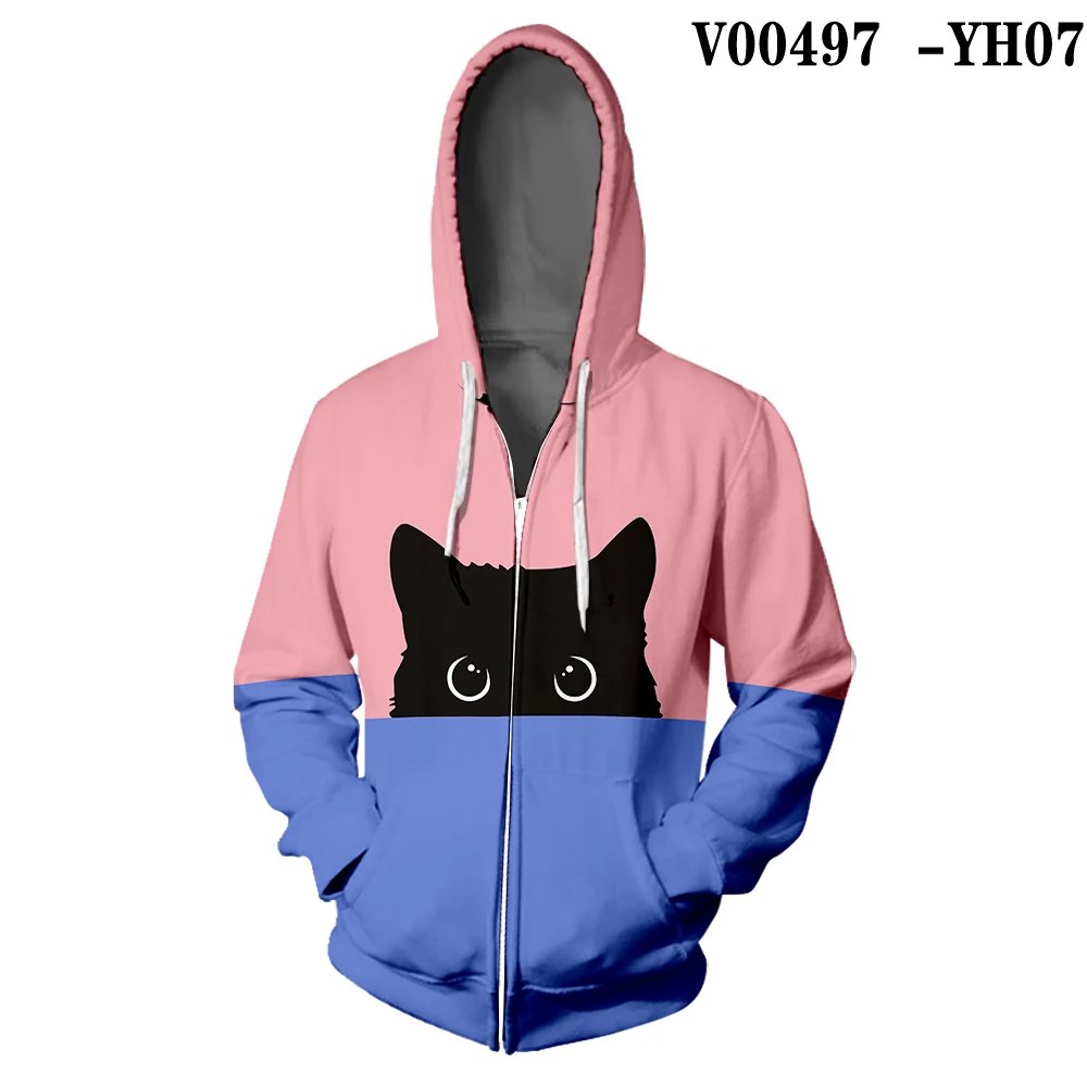 V00497 WAMNI Черный Кот молния толстовка с капюшоном в стиле хип-хоп Розовый Фиолетовый Сращивание Цвет печати женщина 3D с капюшоном bluza Дамская киска молния толстовка - Цвет: V00497