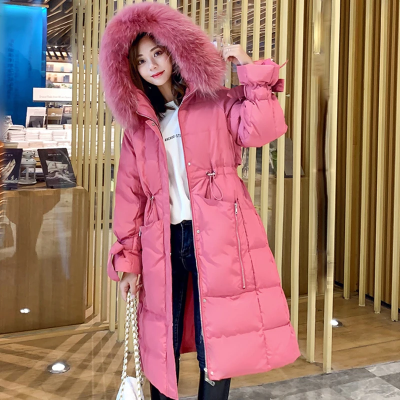 Повседневное облегающее длинное женское пуховое пальто зимнего размера плюс, однотонная меховая утепленная парка с капюшоном, женские корейские пуховые куртки для офиса