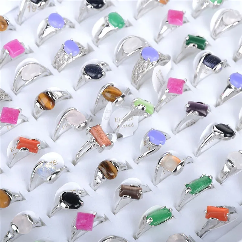 

Pinksee Wholesale 10pcs Mixed Geometric Candy Color Natural Stone Finger Rings for Women Girls Party Club Fashion Jewelry