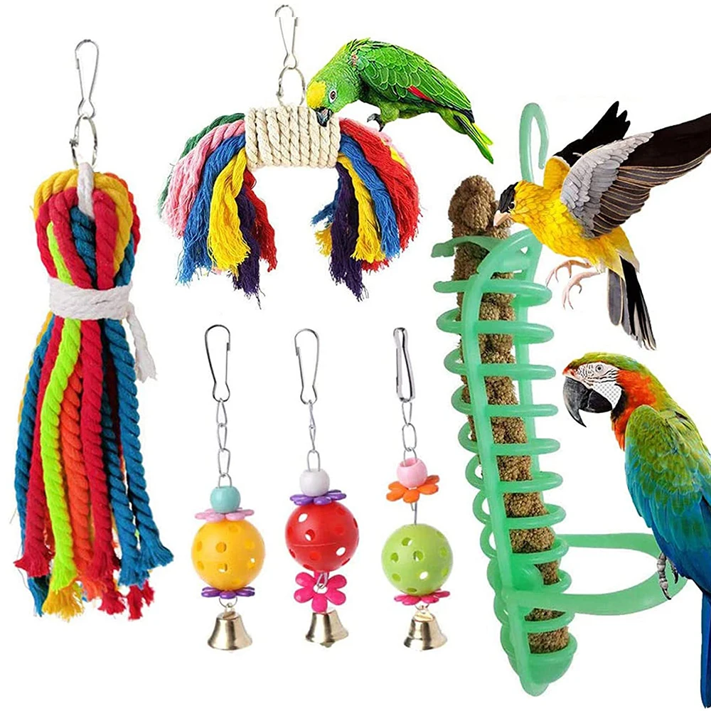 

7Pcs/Set Bird Toys Bird Chewing Toys Bird Cage Toys Hanging Swing Chewing Bell Toy for Small Parrots Parakeets Cockatiels Budgie