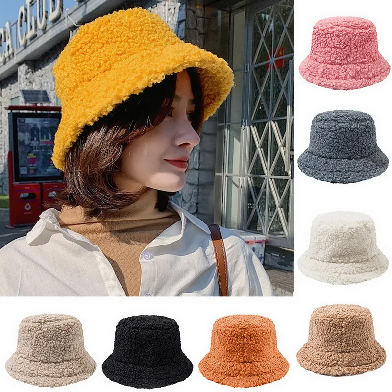 

Women Hat Solid Artificial Fur Warm Female Cap Faux Fur Winter Bucket Hat for Women Outdoor Sunscreen Sun Hat Panama Lady Cap