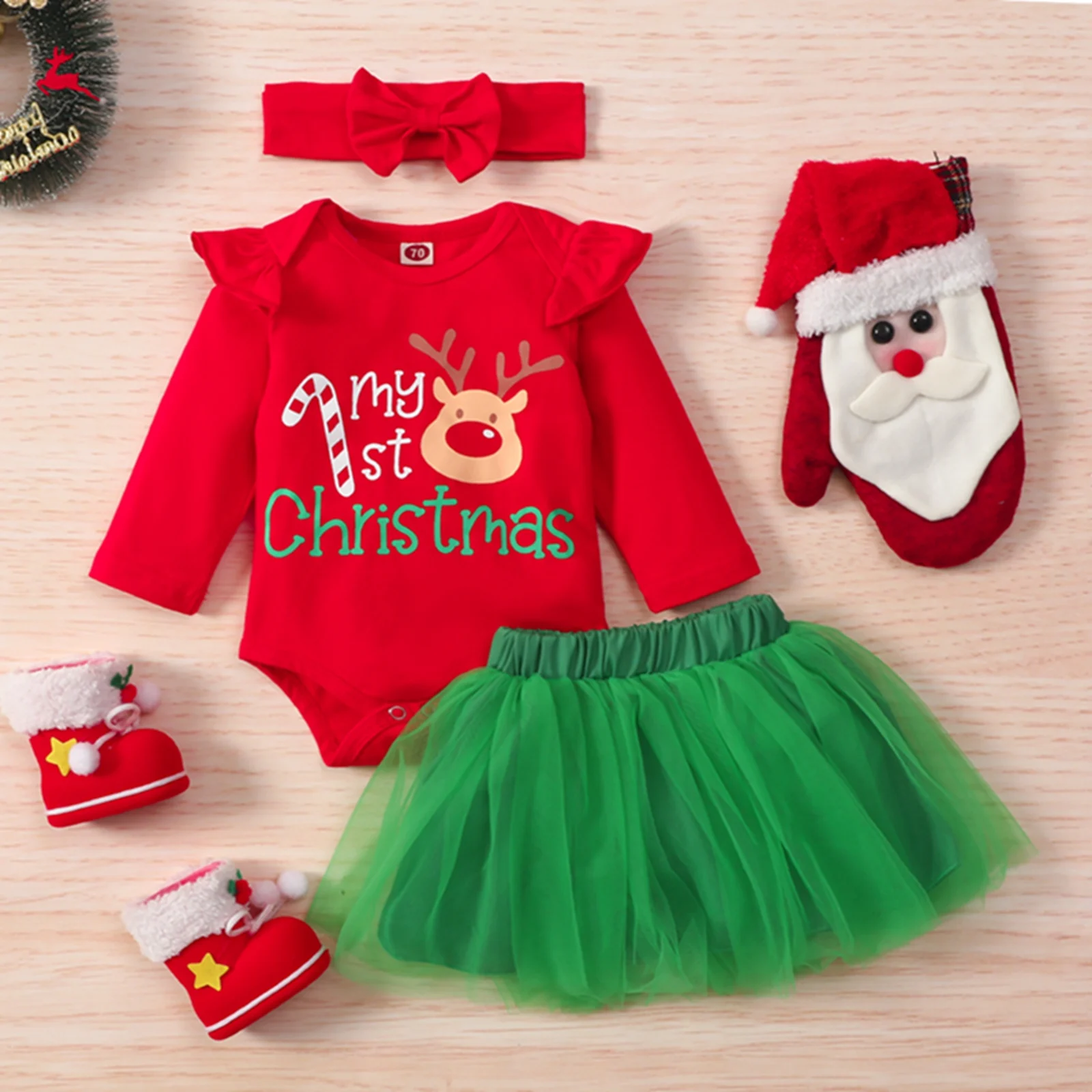 Precios mas bajos Diadema + Tutú Falda 3PCS/4PCS Conjunto Navidad Bebe Niña  Vestido Neonatal Partido Mi Primera Navidad Traje de Santa del Manga Larga  Mono Calcetines el mejor precio El último estilo