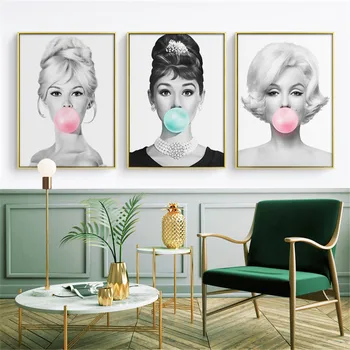 

Audrey Hepburn Bubble Gum Wall Art Canvas Fashion Posters Brigitte Bardot & Marilyn Monroe Prints Painting Pictures Home Decor