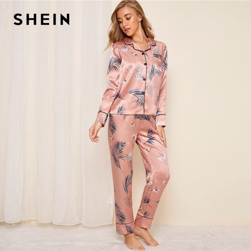 SHEIN розовый кран и лист печати Атласный пижамный комплект Женский Осенний Повседневный короткий рукав белье с карманом длинные штаны пижамные наборы