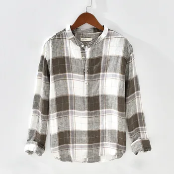 

2020 Men's Long Sleeve Shirts 100%Linen Summer Casual Plaid Shirts Man Stand Collar Pullover Blouse Tops Y2476