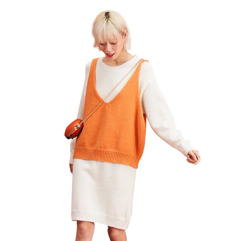 SAM'S TREE White Solid Minimalist Style Two Piece Sets Women Winter Orange Pure Loose Casual Office Ladies Matching Set