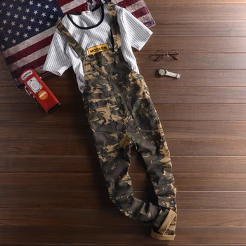 

Japanese tooling camouflage overalls male tide Korean version of slim trousers feet casual pants couple suspenders men