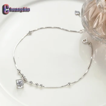 

Genuine S925 Sterling Silver Anklet Female Simple Design Box Chain Foot Charm Cube Hollow Zircon Anklet
