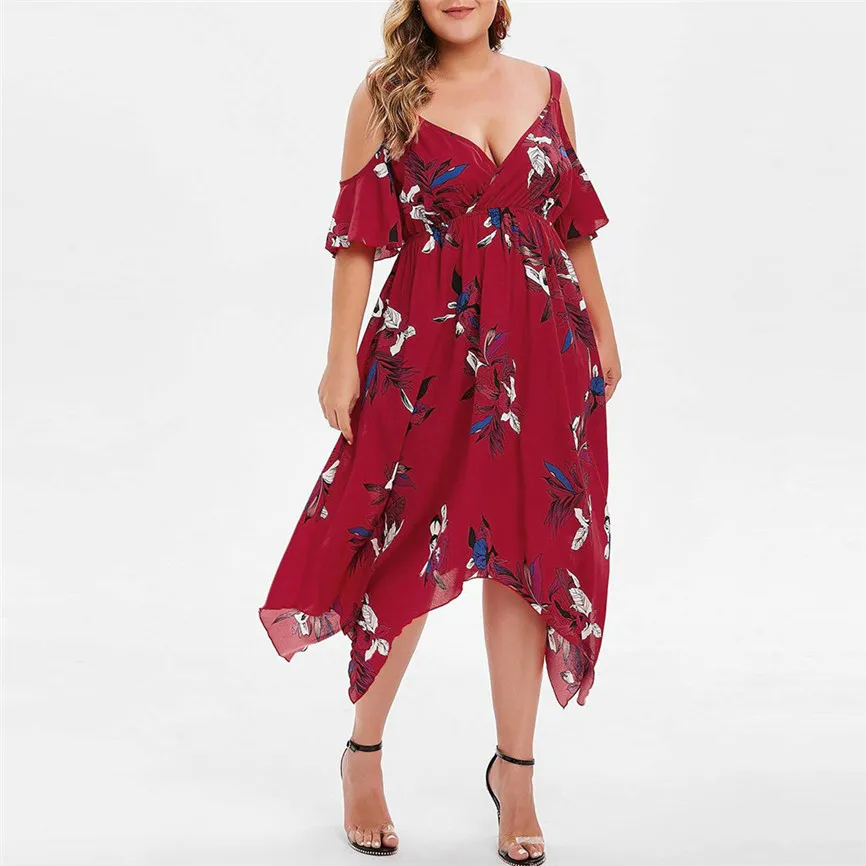  Women's Dresse Plus Size Dresses Fashion Women Large Size Open Shoulder Floral Printed Handkerchief