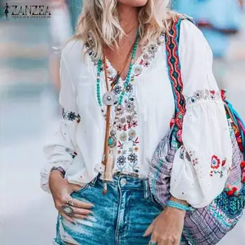 

ZANZEA Fashion Summer Tunic Tops V neck Long Sleeve Blouse Bohemian Floral Printed Blusas Casual Vintage Party Shirt Robe Femme