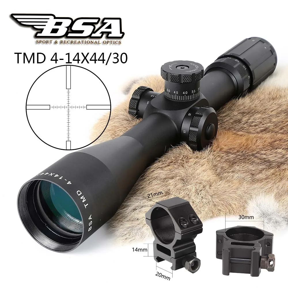 with Picatinny Rings BSA TMD 4-14X44 первый фокальный самолет FFP винтовки прицелы боковой Параллакс стекло гравированное Сетка Охота Тактический стрельба прицел - Цвет: with Picatinny Rings