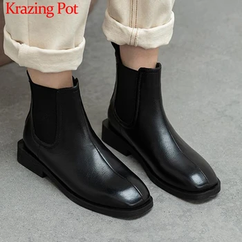 

Krazing pot basic design split leather round toe charming Chelsea boots slip on low heels winter high quality ankle boots L32