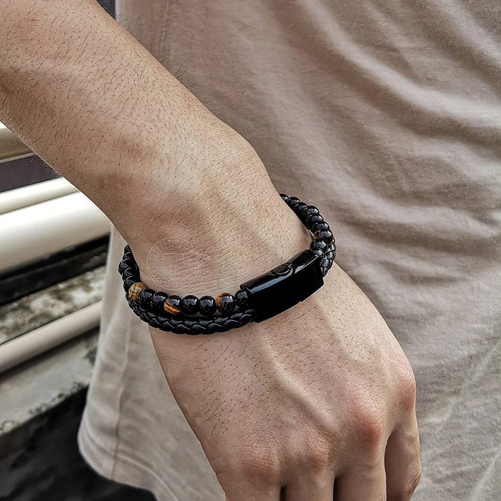 Мужские браслеты из бусин с тигриным глазом Davieslee коричневые натуральной кожи