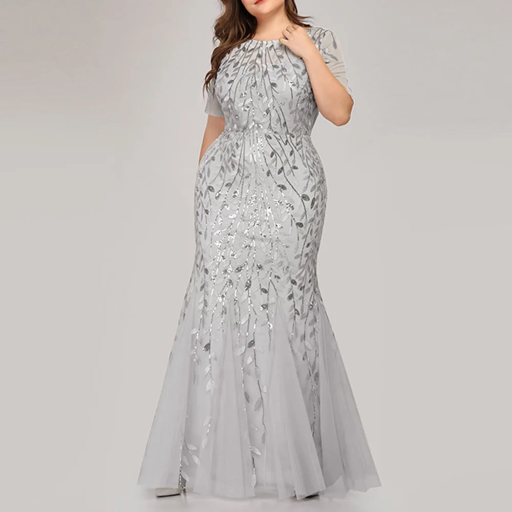 Dressv белое с глубоким круглым декольте Элегантные с коротким рукавом вечернее платье Русалка Блестки Пол Длина прополка праздничный официальный Вечерний платья - Цвет: Серебристый