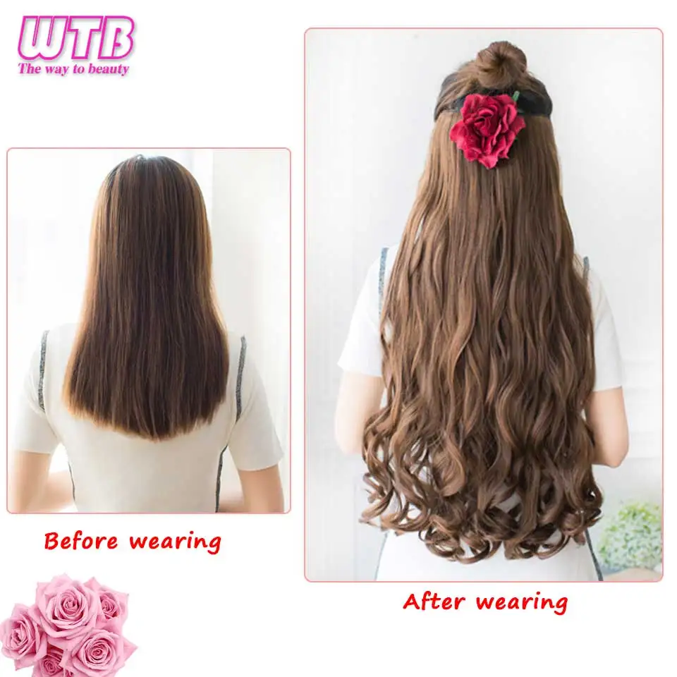 WTB Для женщин 24 дюйма длинные волнистые 5 зажимов в Одна деталь наращивание волос Синтетический термостойкий парик натуральный чёрный; коричневый шиньоны