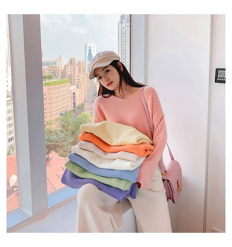 RUGOD Elegant knit sweater women Fashion v neck long sleeve pullover sweaters casual solid mutil color oversized outwear
