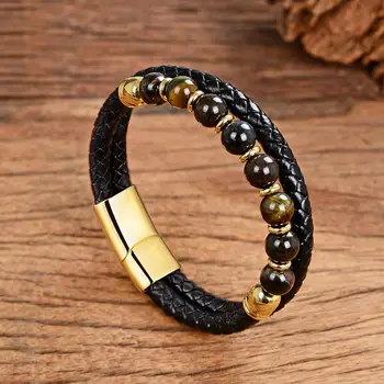 

2020 New Fashion Stone Men Bracelet Round Natural Stone Genuine Leather Bracelets Stainless Steel Magnet Clasp Mens Jewelry Gift