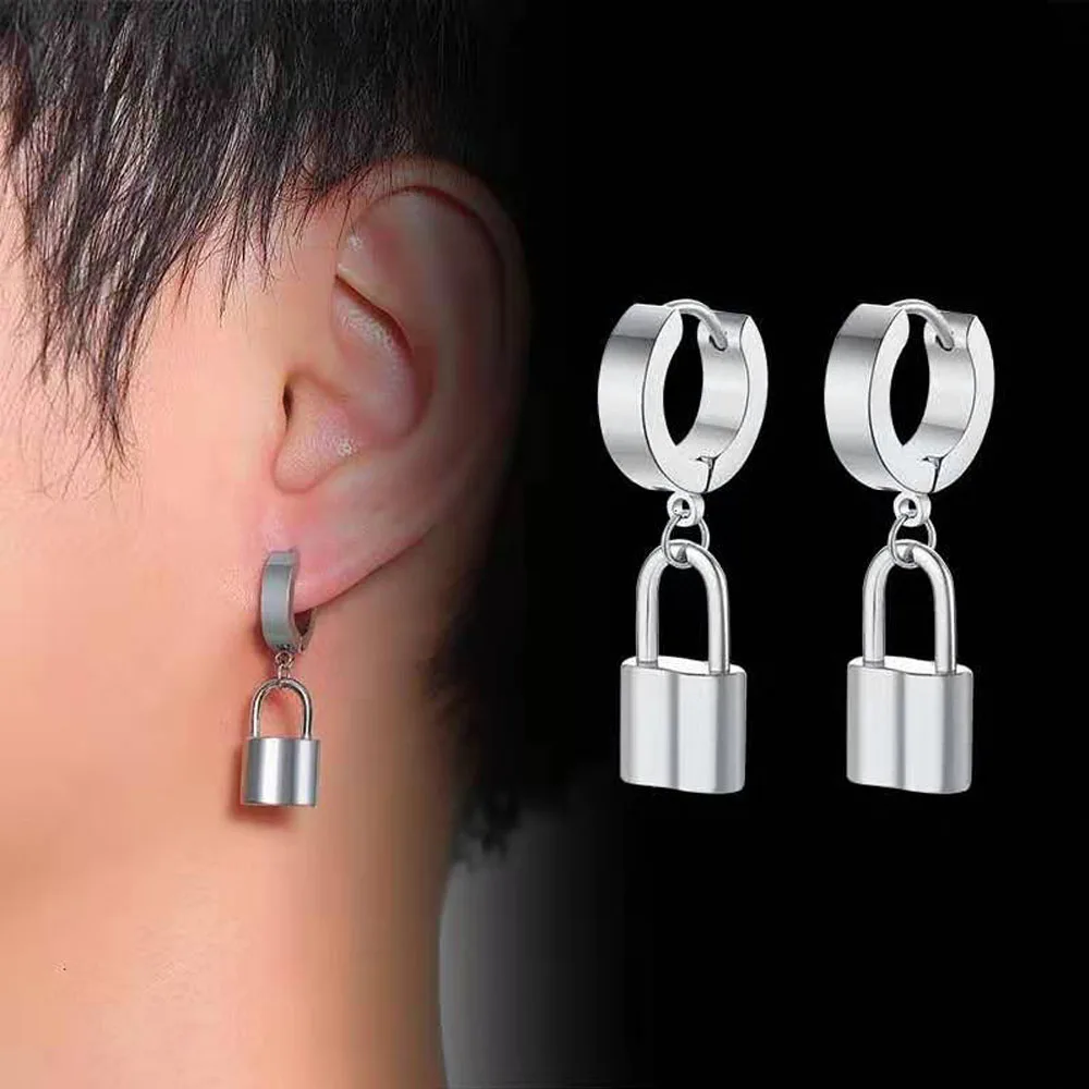 

Stainless Steel Fashion lock Shaped earrings Padlock Pendant Dangle Loop Drop Earrings Men Women Gift Jewelry Punk High Quality