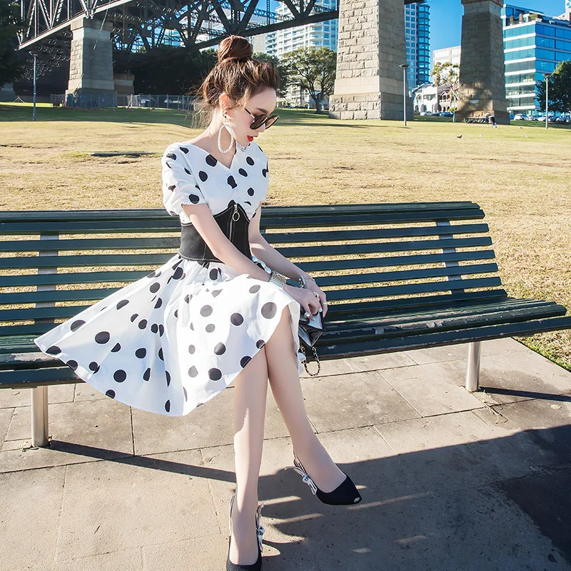 

Debutante Elegant Skirt Women's 2019 New Style Summer V-neck Waist Hugging Slimming Dress Short Sleeve Popular Polka Dot A- line
