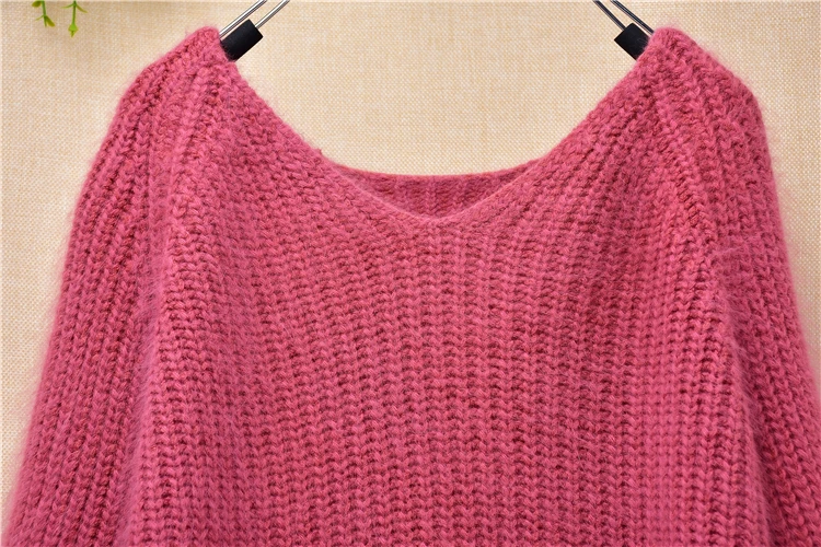 Sexy autumn sweaters knitted women's v-neck puff sleeves loose cashmere mink pullover angora rabbit fur thick warm clothes