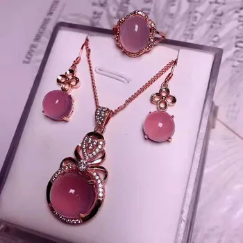 

S925 silver inlaid agate jade pendant ring earrings Three Piece Jewelry Set