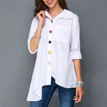 

Plus Size Women's White Shirt Top Colorful Button Irregular Women's Blouse Long Sleeve Autumn Tunic Fashion Woman Blouses 2019