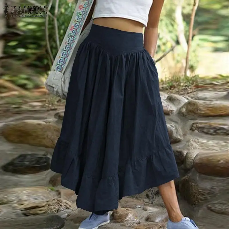 ZANZEA Summer High Waist Flare Trousers Bohemian Ruffles Hem Pants Women Wide Leg Pantalon Casual Lace Up Flounce Palazzo 5XL