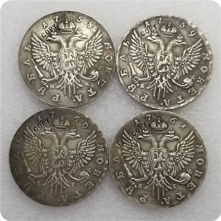 4 COINS 1758,1759, 1760,1761 Россия-империя 1 рубль-Елизавета копии монет - Color: 4 COINS
